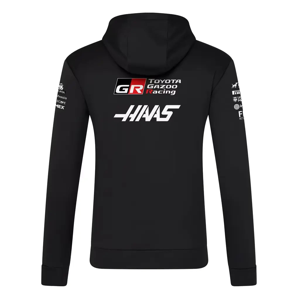 Back view showing athletic fit and cuffed sleeves on Haas F1 overhead hoodie