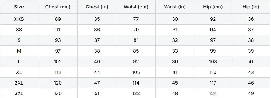 A size chart table showing measurements for XXS to 3XL sizes, with columns for size, chest in centimeters and inches, waist in centimeters and inches, and hip in centimeters and inches.