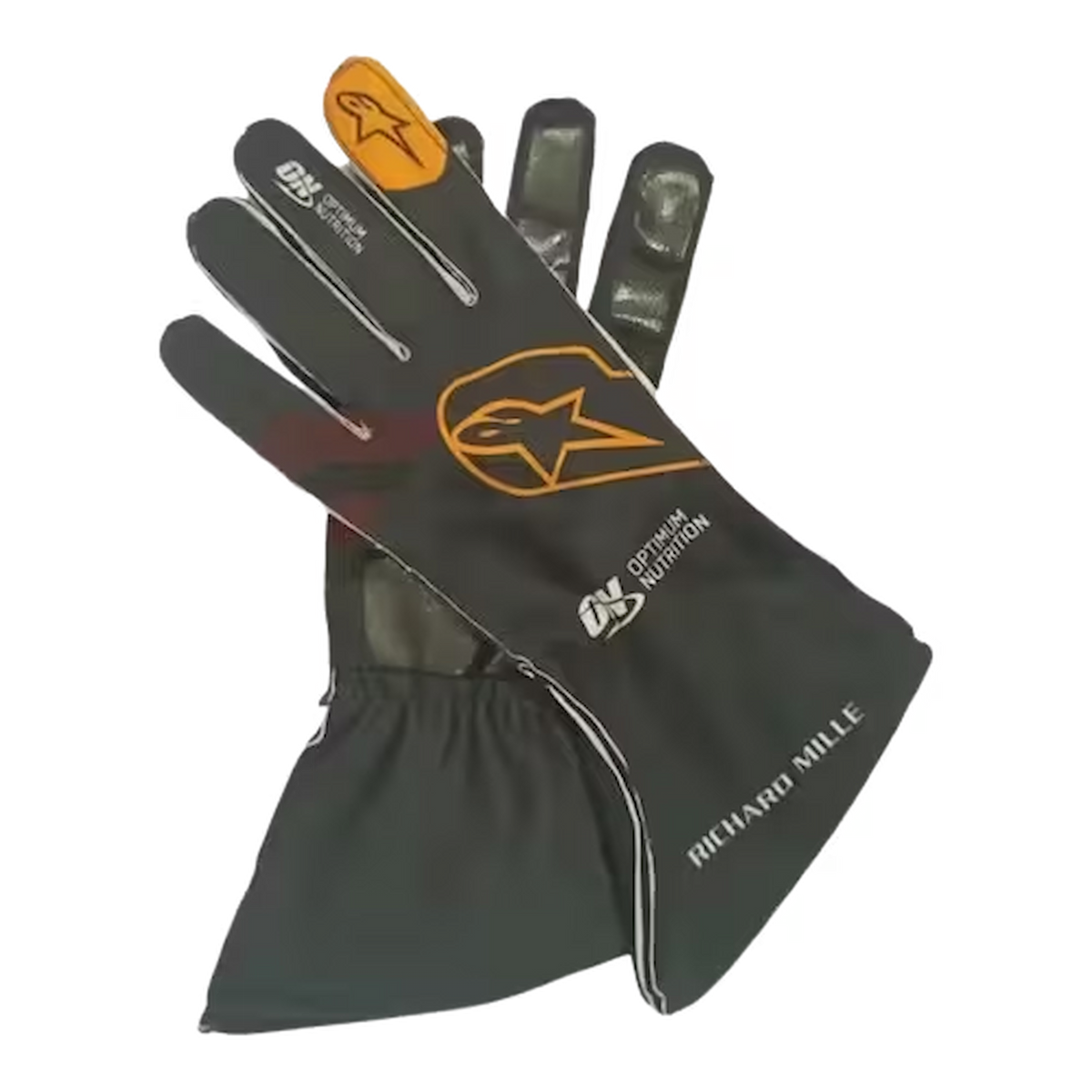 Front view of McLaren F1 replica racing gloves in papaya orange livery