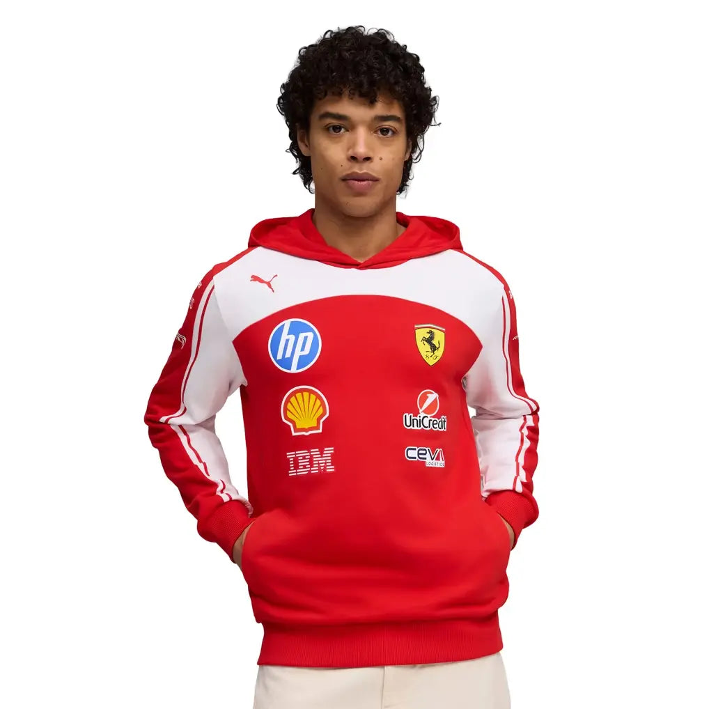 Front view of Scuderia Ferrari 2026 team hooded sweatshirt in classic Ferrari Red