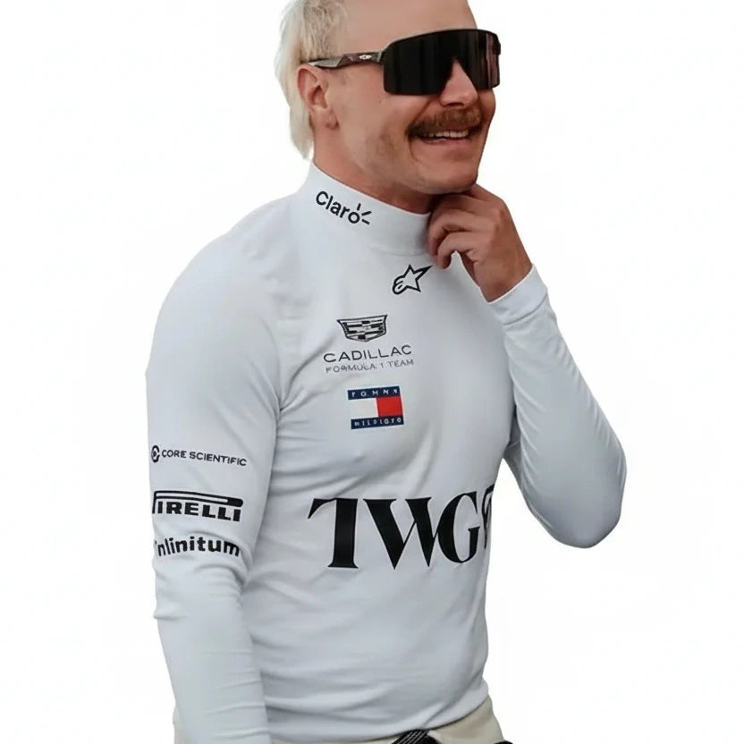 Front view of Valtteri Bottas 2026 Cadillac F1 compression undershirt with sublimated graphics
