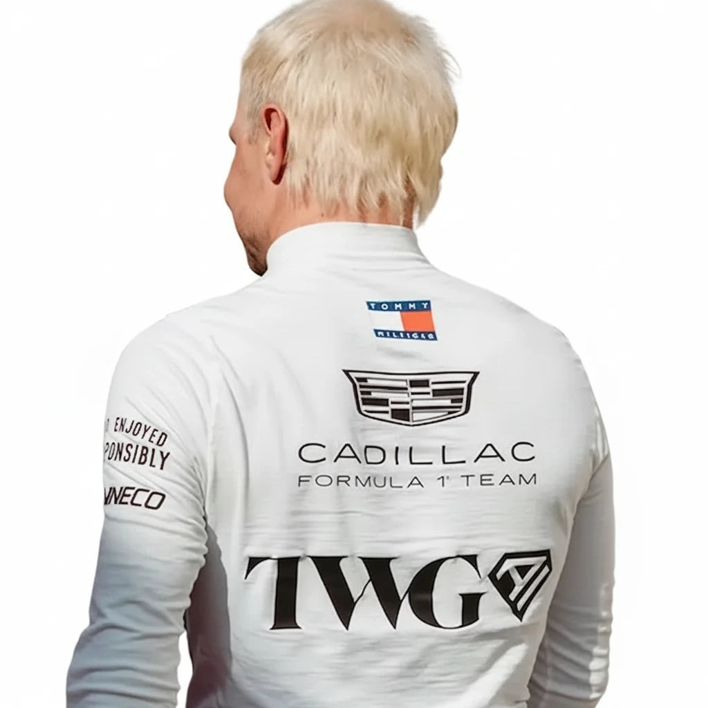 Side view showing flexible fit and stitch details on Cadillac F1 racing base layer
